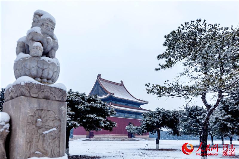 孝陵华表周围的石狮在冬雪中静静地守望着神功圣德碑楼。徐贺齐摄