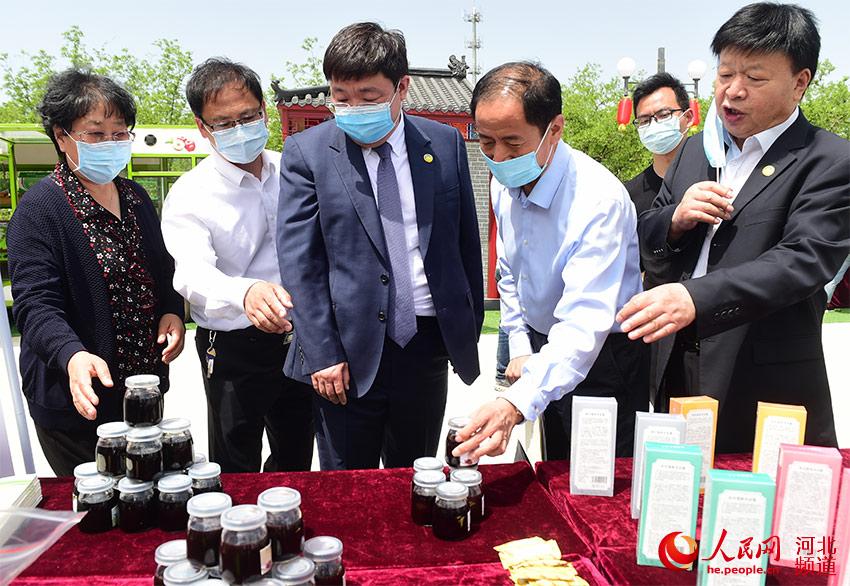 5月18日，参加泊头桑椹产业化研究所成立的嘉宾，了解桑椹深加工产品。 傅新春摄