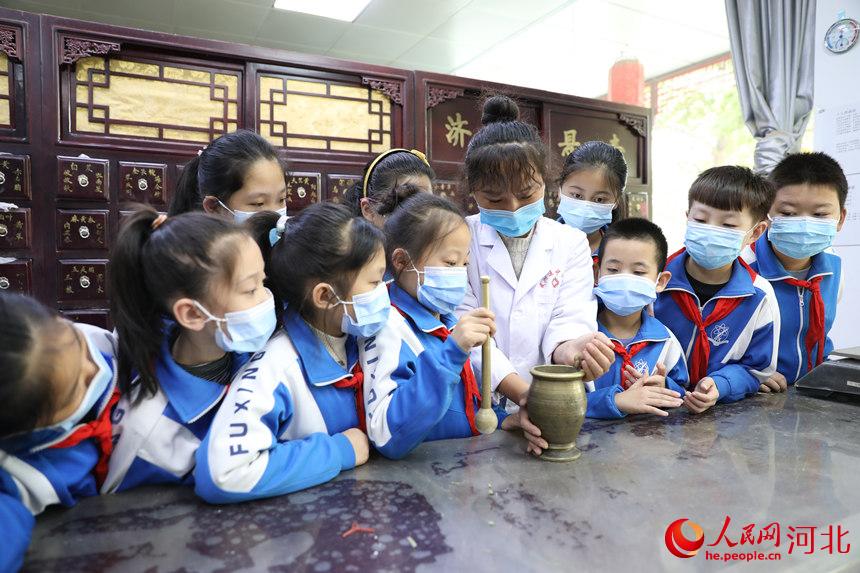在邯郸市复兴区中医院，中医医师在教学生学习认识蝉蜕、砂仁等中草药。王伸摄