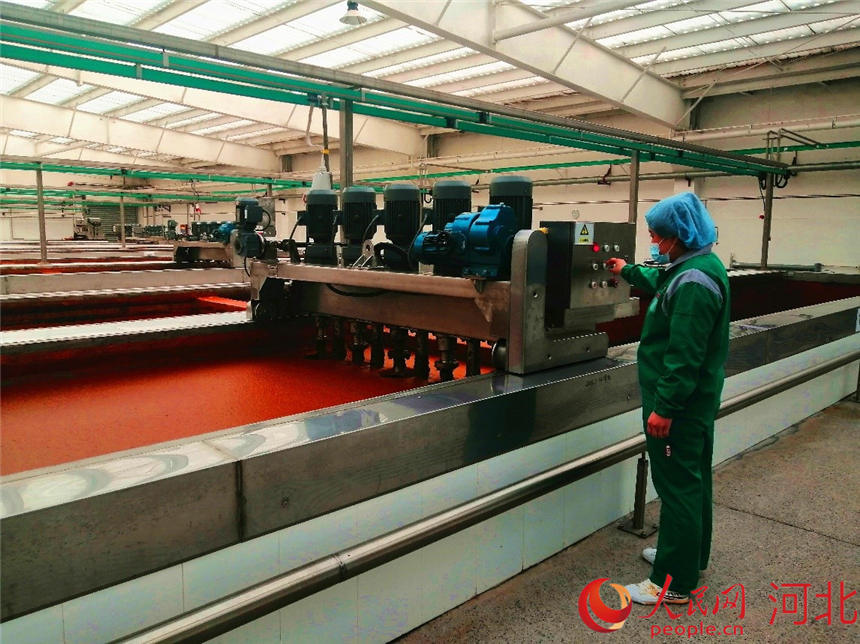 槐茂食品科技有限公司面酱生产车间内，工作正在进行倒酱作业。 定兴县委宣传部供图