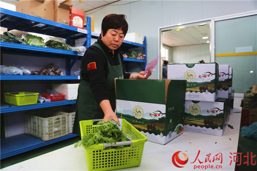 工人正按照客户订单将选配好的蔬菜装箱。定兴县委宣传部供图