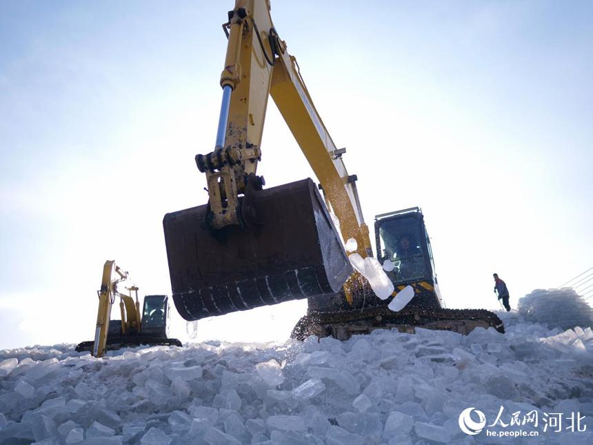 河北省唐山市豐南區黑沿子鎮的漁民使用挖掘機堆垛冰塊。崔光攝