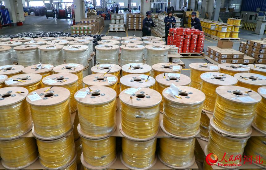 河北省唐山市豐南區一家電纜制造企業的生產車間內，工人正在運輸成品線纜。 李福政攝