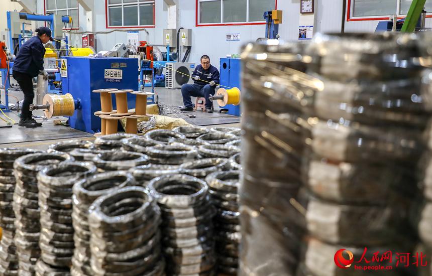 河北省唐山市豐南區一家電纜制造企業的生產車間內，工人正在生產線上趕制生產訂單。 李福政攝