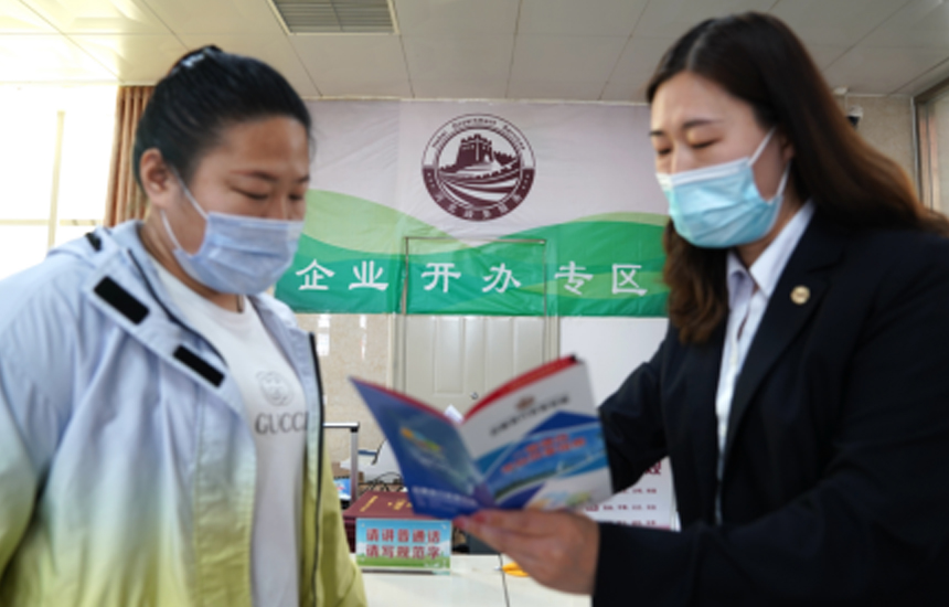2022年4月12日,河北省巨鹿县行政审批局工作人员向群众讲解办理流程。 马羚摄