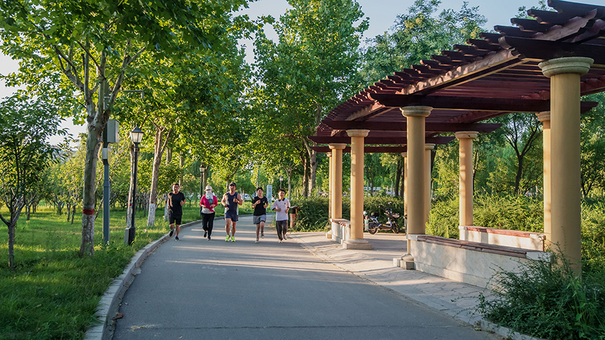 市民在颛顼公园跑步健身。卢建永摄