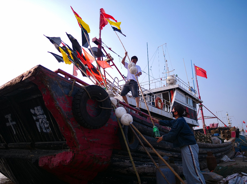 河北省唐山市豐南區黑沿子鎮漁民出海前正在搬運招子旗。 崔光攝