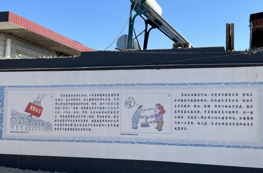 唐山市豐南區胥各庄鎮蠻子坨村牆體噴繪的健康主題漫畫。 王碩攝