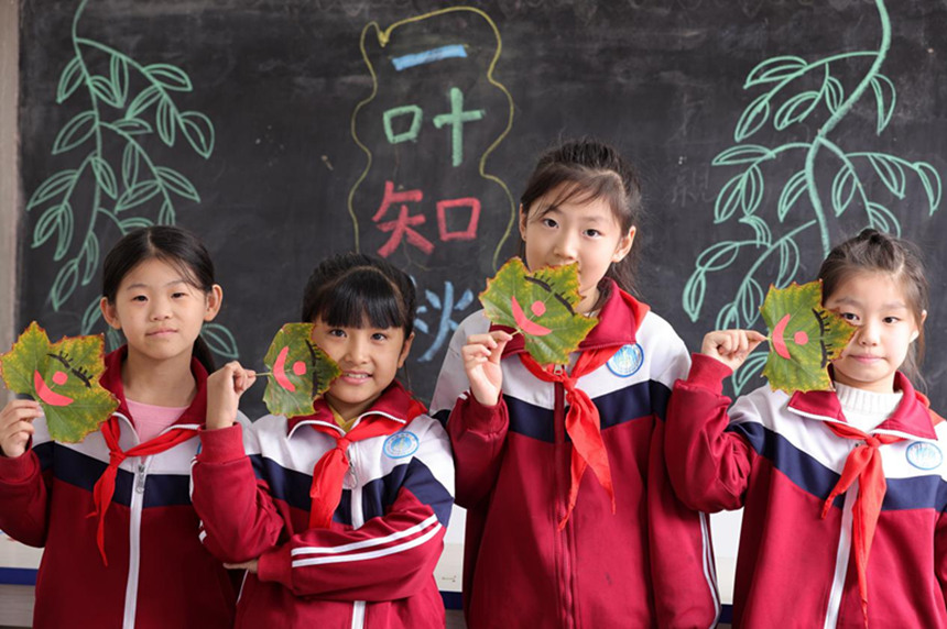 河北省邢台市广宗县东街小学的学生在展示制作的创意树叶画。 王垒摄