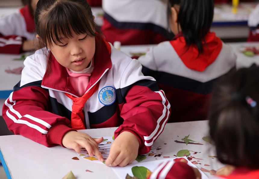 河北省邢台市广宗县东街小学学生在制作创意树叶画。 王垒摄