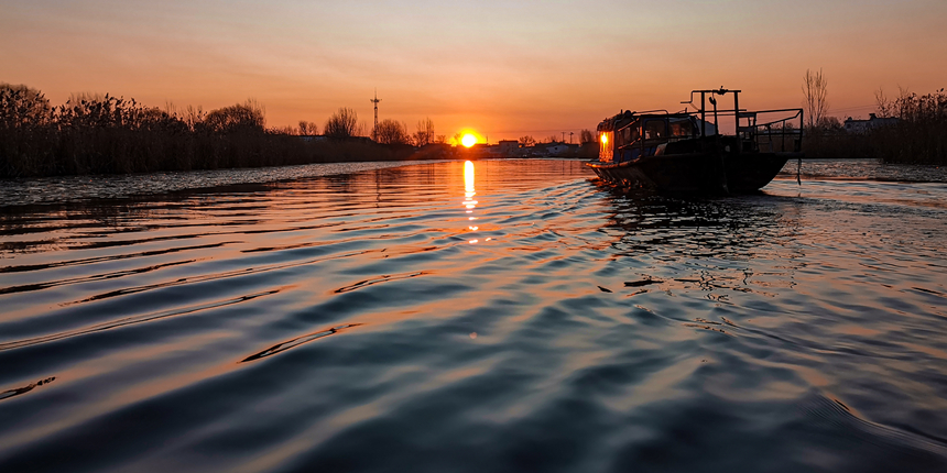 落日的余晖洒在水面，白洋淀渔舟晚归。 杨又川摄