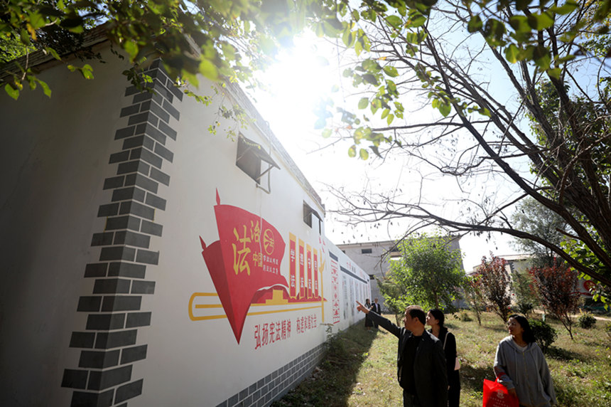 在河北省隆尧县东良镇陈庄村法治文化公园，过往群众在观看法律知识宣传文化墙。 陈剑昊摄