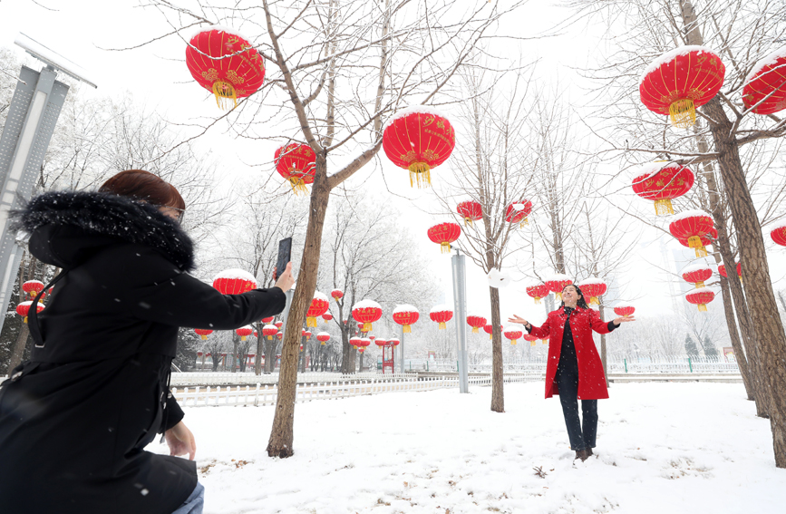 市民在邢台市隆尧县唐尧公园内游园赏雪拍照。 成梅摄