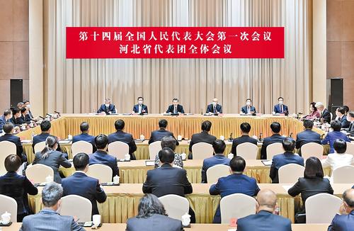 3月3日下午，在京出席十四届全国人大一次会议的河北省代表团召开全体会议。这是会议现场。 河北日报记者 赵海江摄