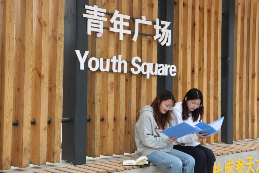 居民在家门口的口袋公园学习。 刘蒙蒙摄