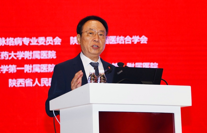 吳以嶺院士在會上作題為《中醫脈絡學說構建及其指導微血管病變防治》的學術報告。 受訪者供圖