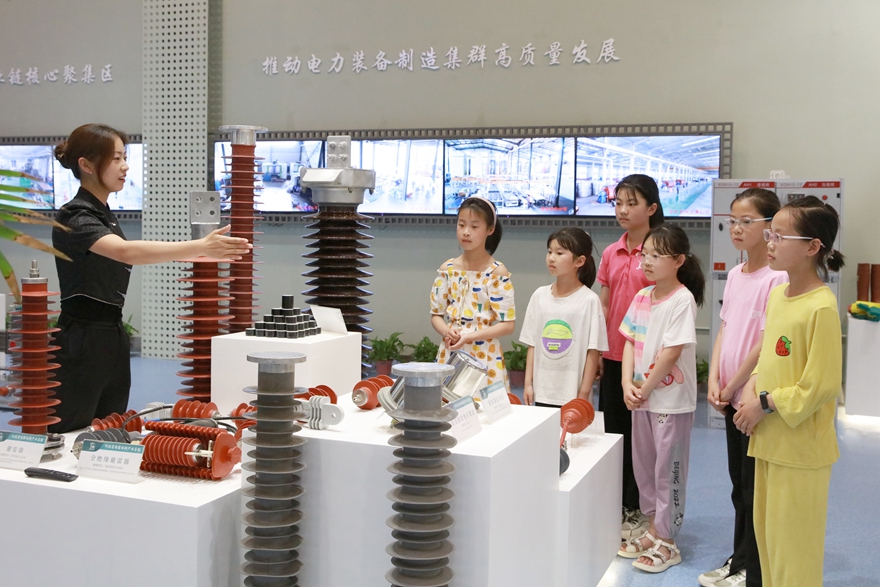 在庞家佐镇电器电料展馆，河西村小学学生在讲解员引领下进行参观学习。 冉宁摄