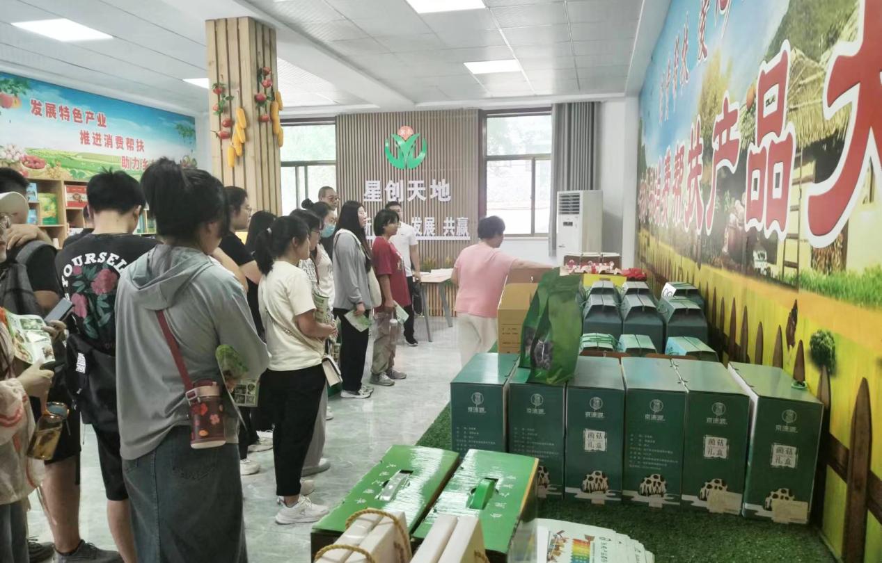 工作人员为大学生职业经理人介绍涞水本地农特产品。 李凤华摄