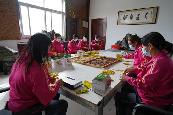 妇女微家工作人员分摘茶叶、装袋。 刘月摄