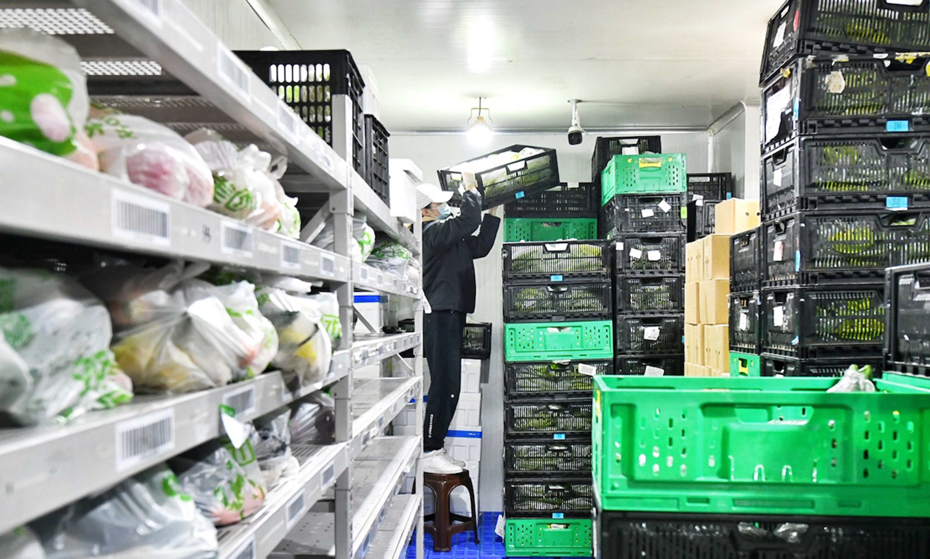 2月18日，在河北省高碑店市汇通图腾物流园区1号仓库内，工人正在搬运分装好的蔬菜。杨志永摄