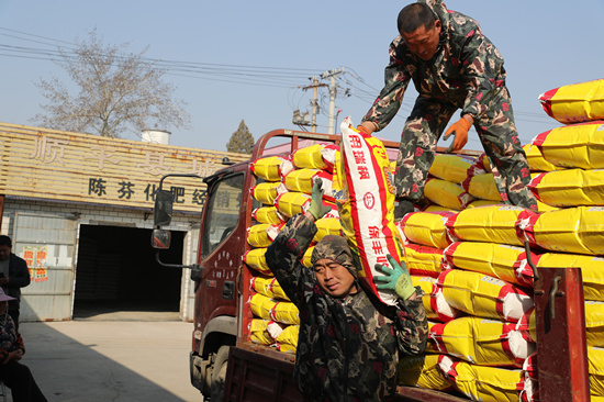 河北省顺平县城关中心供销合作社工人正在将农资化肥等货物卸车。张甜甜摄
