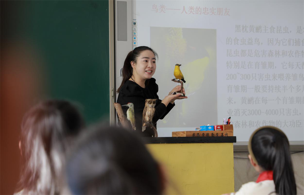 丰南区黑沿子镇毕家瞿阝小学老师在给孩子们讲解鸟类标本。陈军摄