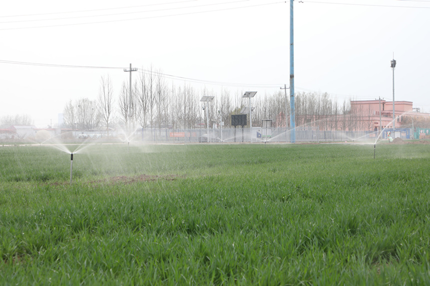 徐水區麒麟店村高標准農田裡節水智能噴灌正在作業。白天龍攝