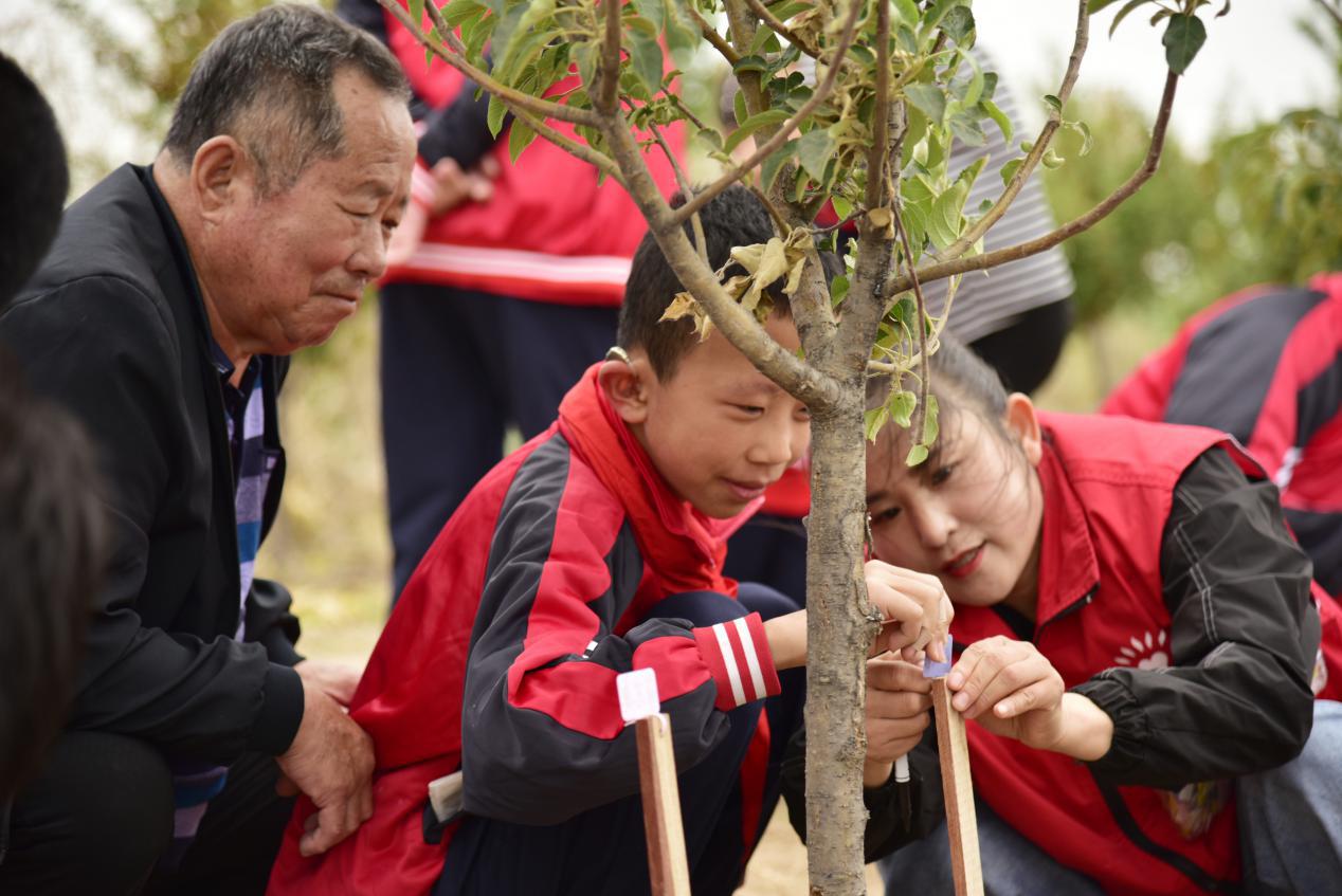 志願者幫助學生在播種地塊上貼好姓名標簽。尹向平攝