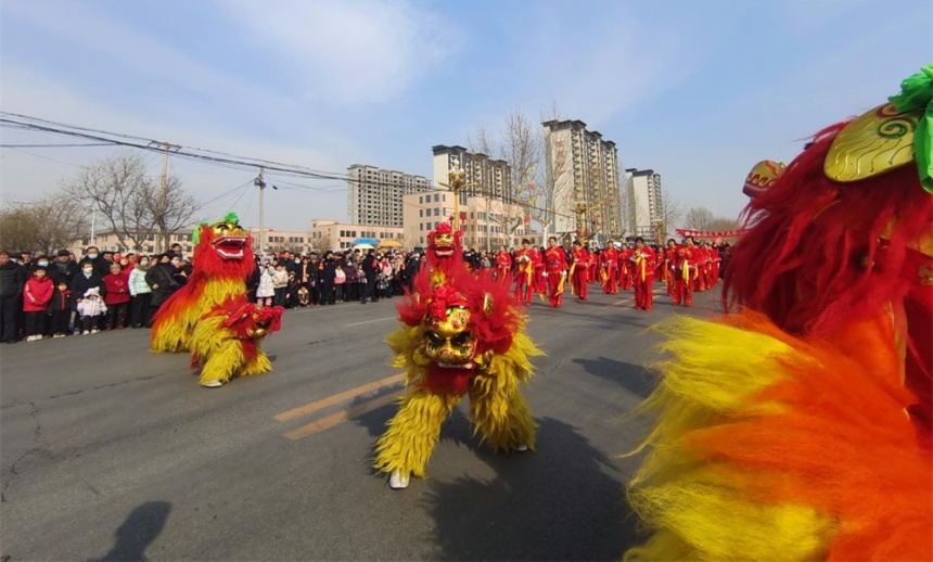 花会巡游喜闹元宵活动现场，舞龙舞狮队伍。邱县县委宣传部供图