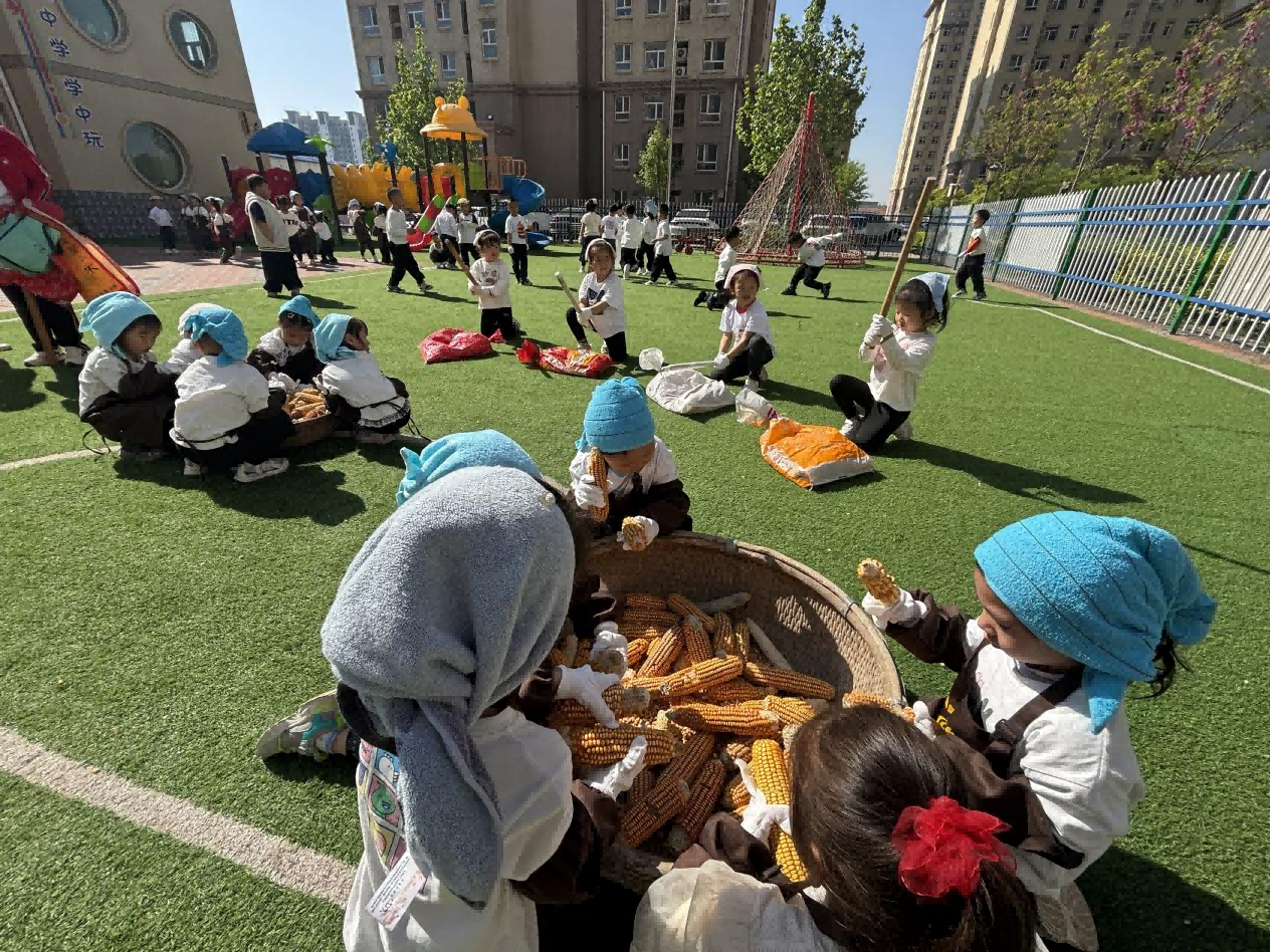 孩子们体验传统玉米脱粒方法。马荣丽摄