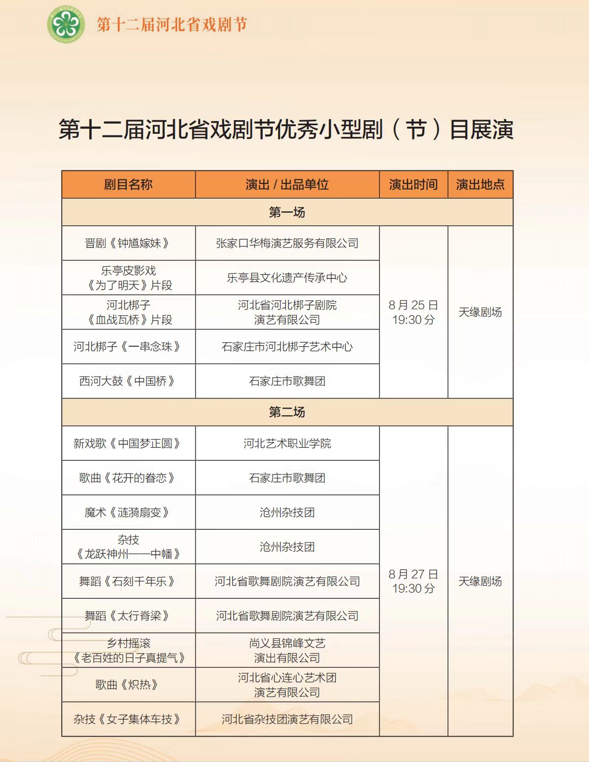 第十二屆河北省戲劇節優秀小型劇（節）目展演節目單。河北省文化和旅游廳供圖