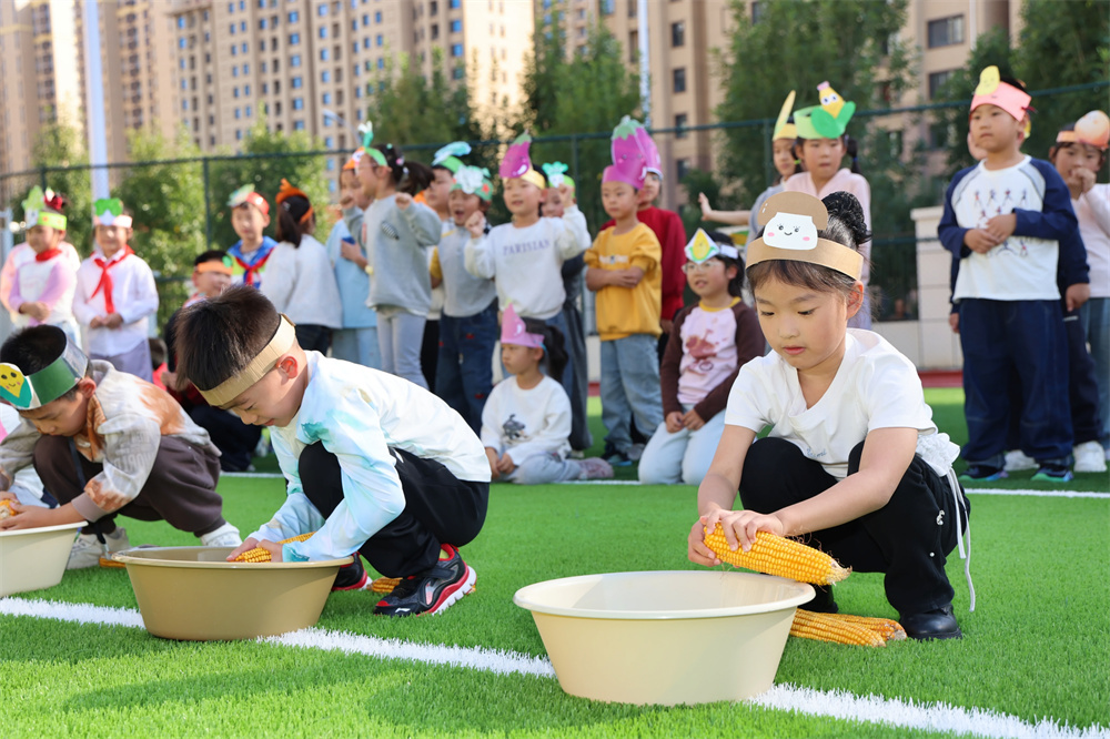沧州市永济路小学的孩子们参加剥玉米粒比赛。杨洋摄