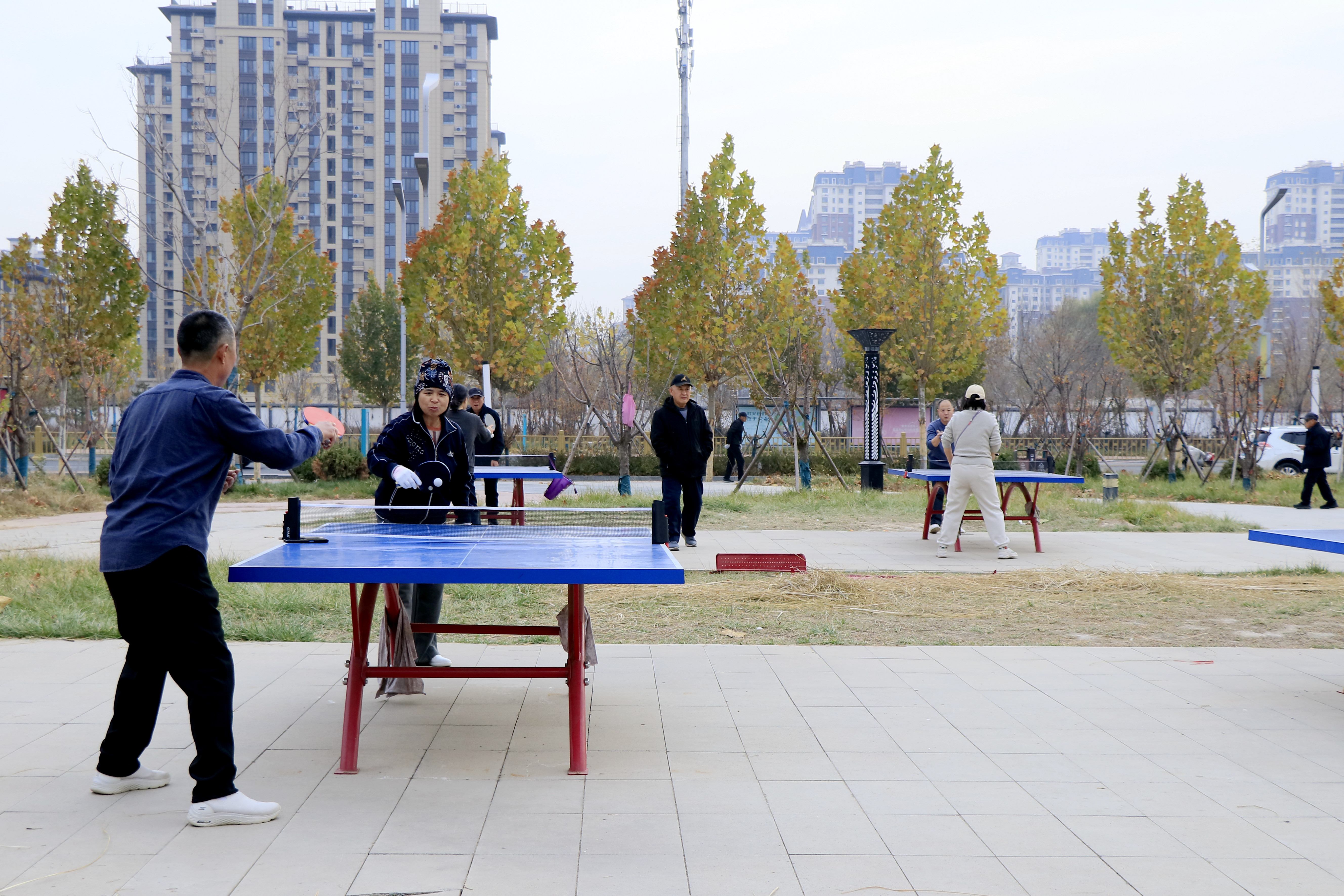 市民在運河區永濟路北側一處街邊乒乓球場切磋交流。王杰攝
