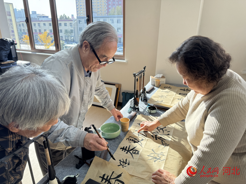 長者在福天下（正定）頤養項目內練習書法。人民網記者 朱延生攝