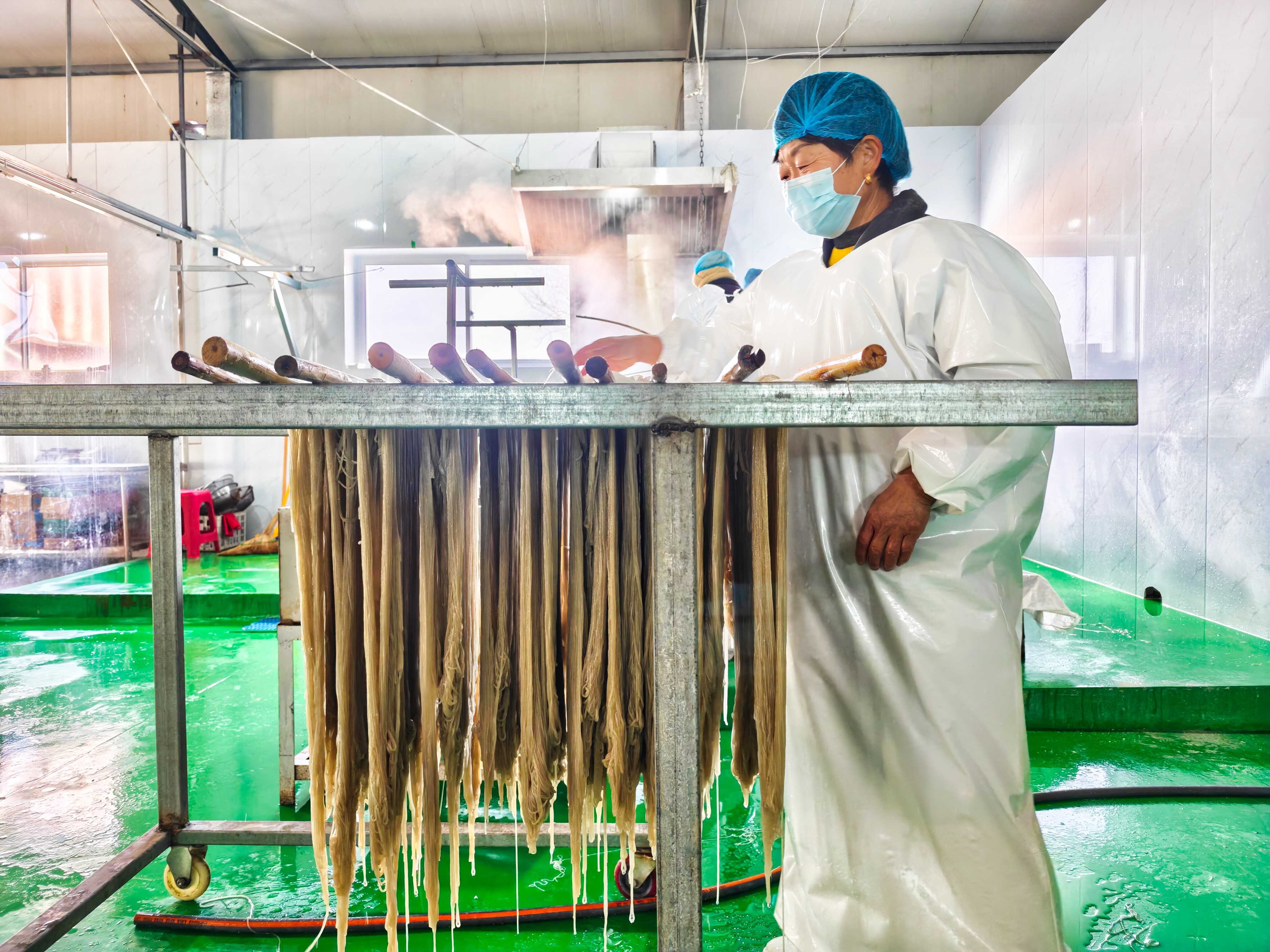 在丰南区大新庄镇爽坨三村一家食品坊，农户正忙着挂粉条。毕帅摄