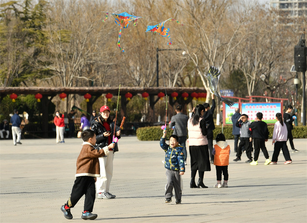 2月20日，市民在沧州狮城广场放风筝。苑立伟摄
