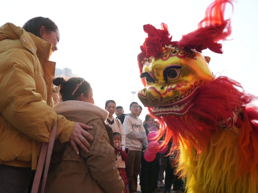 醒獅與現場觀眾互動。劉一明攝