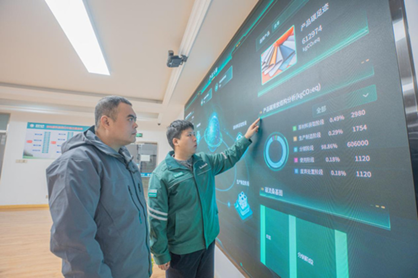 辛集市電力碳足跡中心工作人員為公司提供生產耗能分析，助力企業綠色復工復產。張明曉攝