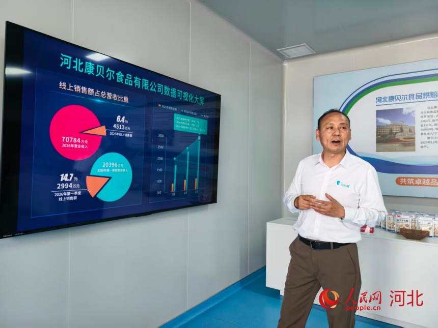 河北康貝爾食品有限公司介紹採用直播帶貨方式對公司銷售帶來的改變。人民網記者 朱延生攝