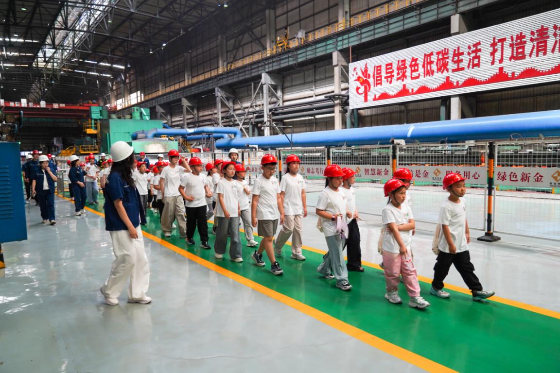 參加新金鋼鐵工業研學游活動的孩子們在參觀新金鋼鐵生產車間場景。白雪楓攝