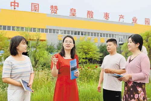 6月6日，贊皇酸棗助眠產業科技特派團團長、河北經貿大學工商管理學院市場營銷系主任耿立沙（左二）帶領團隊走進企業，對接營銷需求，為企業支招賦能。 本報記者 霍艷恩攝