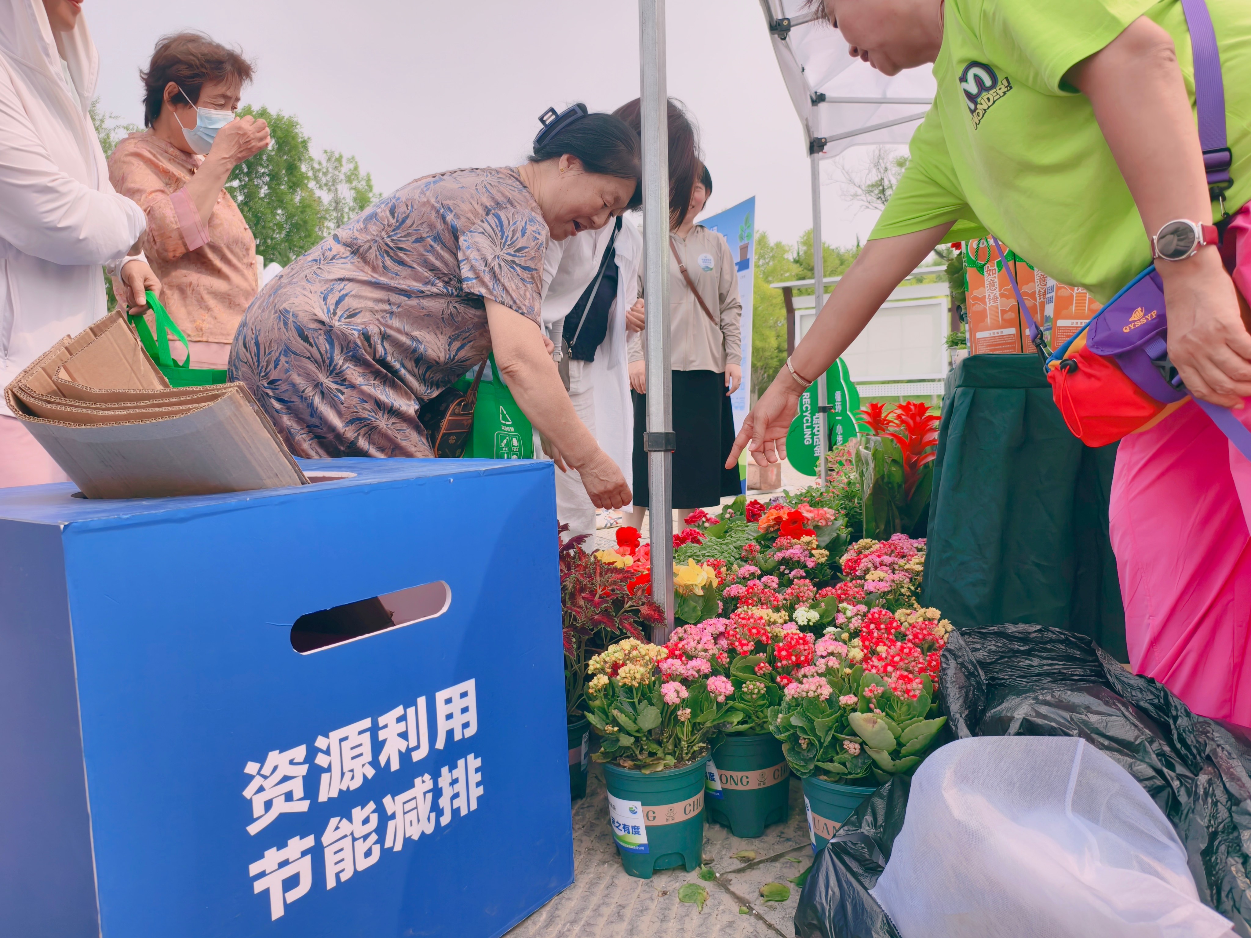 市民用废旧物品换取绿植。鲁萍摄