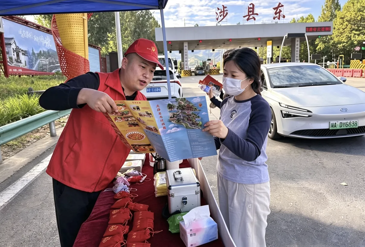志願者在涉縣東高速口向過往游客介紹涉縣文旅資源，提供便民咨詢服務。康金攝