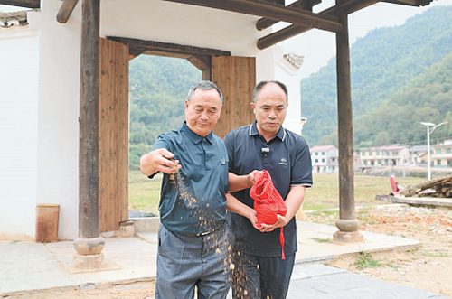 10月14日，刘家荣（左）与刘国荣回到刘梓华烈士故居，撒下从石家庄带回的黄土。朱泊宇摄